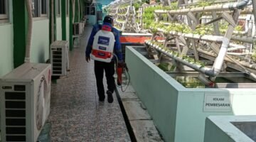 Teknisi Essindo Pest Control melakukan inspeksi hama gudang dan kumbang kayu di sebuah gudang logistik.